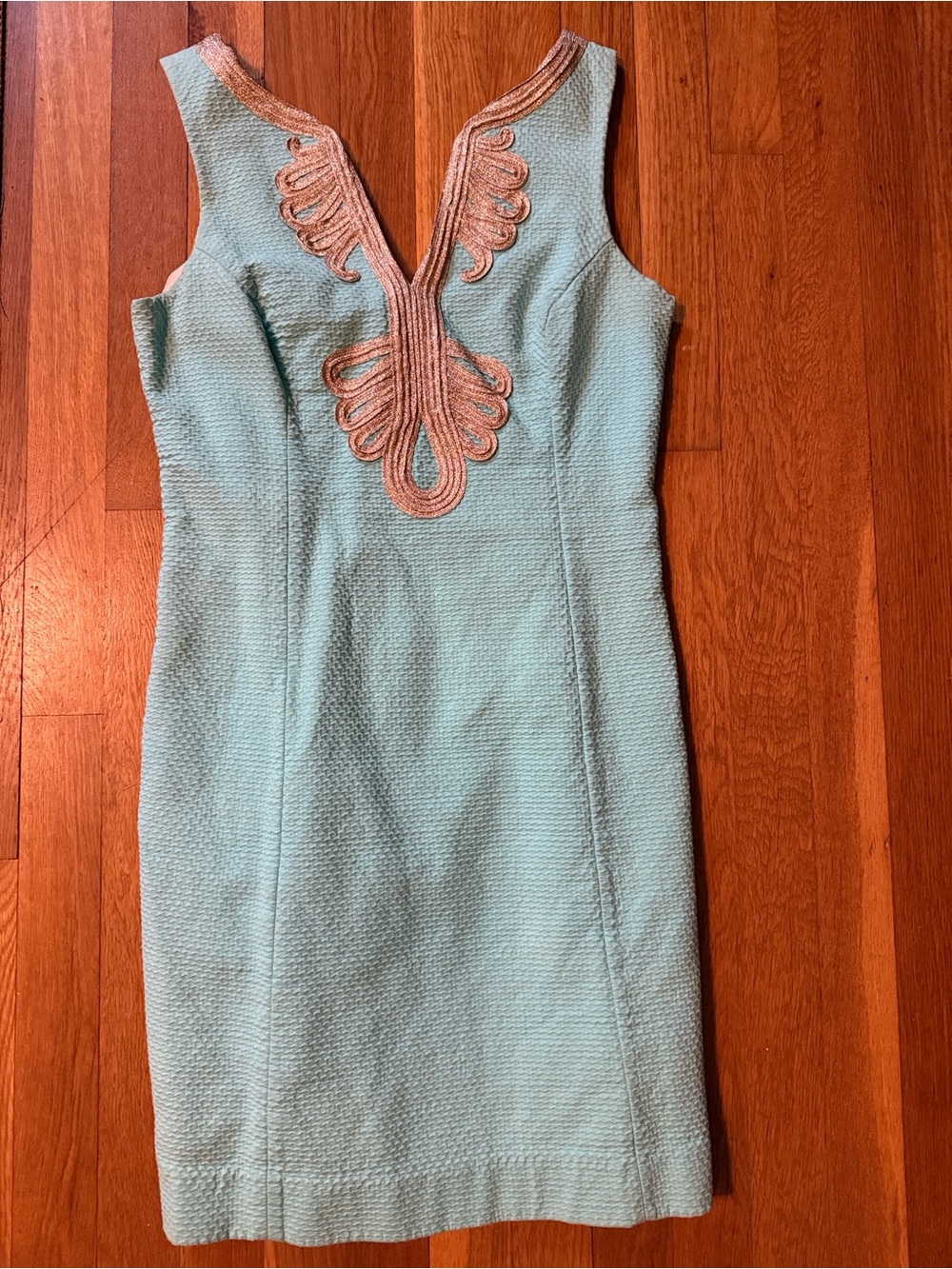 Lily Pulitzer Turquoise Cotton Pique Shift Dress w Gold Brocade Trim Size 6